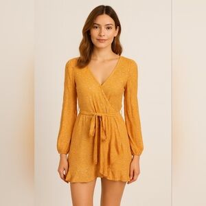 OS Mustard Yellow Faux Wrap Dress Women’s Long Sleeve Mini Dress with Tie Waist